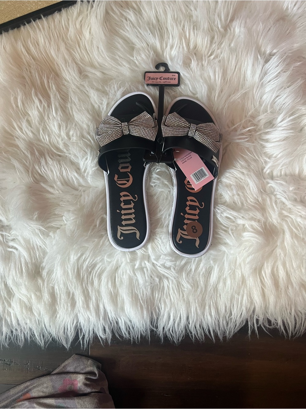 Juicy Couture Black Slip-On Sandals with Rhinestone Bow